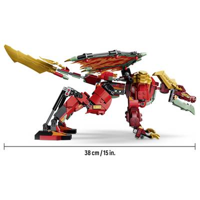 LEGO-ähnliche rote Drachenfigur in Seitenansicht mit Flügeln, Schwanz und Klauen, gezeigt mit einer Größenskala von 38 cm/15 Zoll.