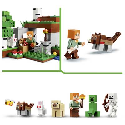 LEGO Minecraft-Set zeigt Alex in einer Höhlenszene mit einer Fackel, einer Biene, einem Wolf, einem Kaninchen, einem Bären, einem Creeper, einem Skelett und Honigwaben-Elementen.