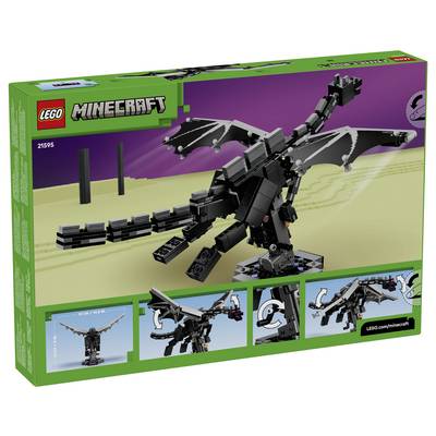 LEGO Minecraft-Set-Verpackung mit einem schwarzen Ender-Drachen-Modell mit ausgebreiteten Flügeln sowie kleine Einsatzbilder des Drachen in verschiedenen Posen.
