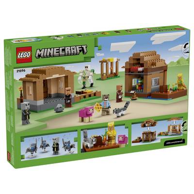 LEGO Minecraft „Die Wollplantage" Box zeigt zwei Minecraft-artige Gebäude, Minifiguren, Tiere und Bilder von Bau-/Einsatzsets.