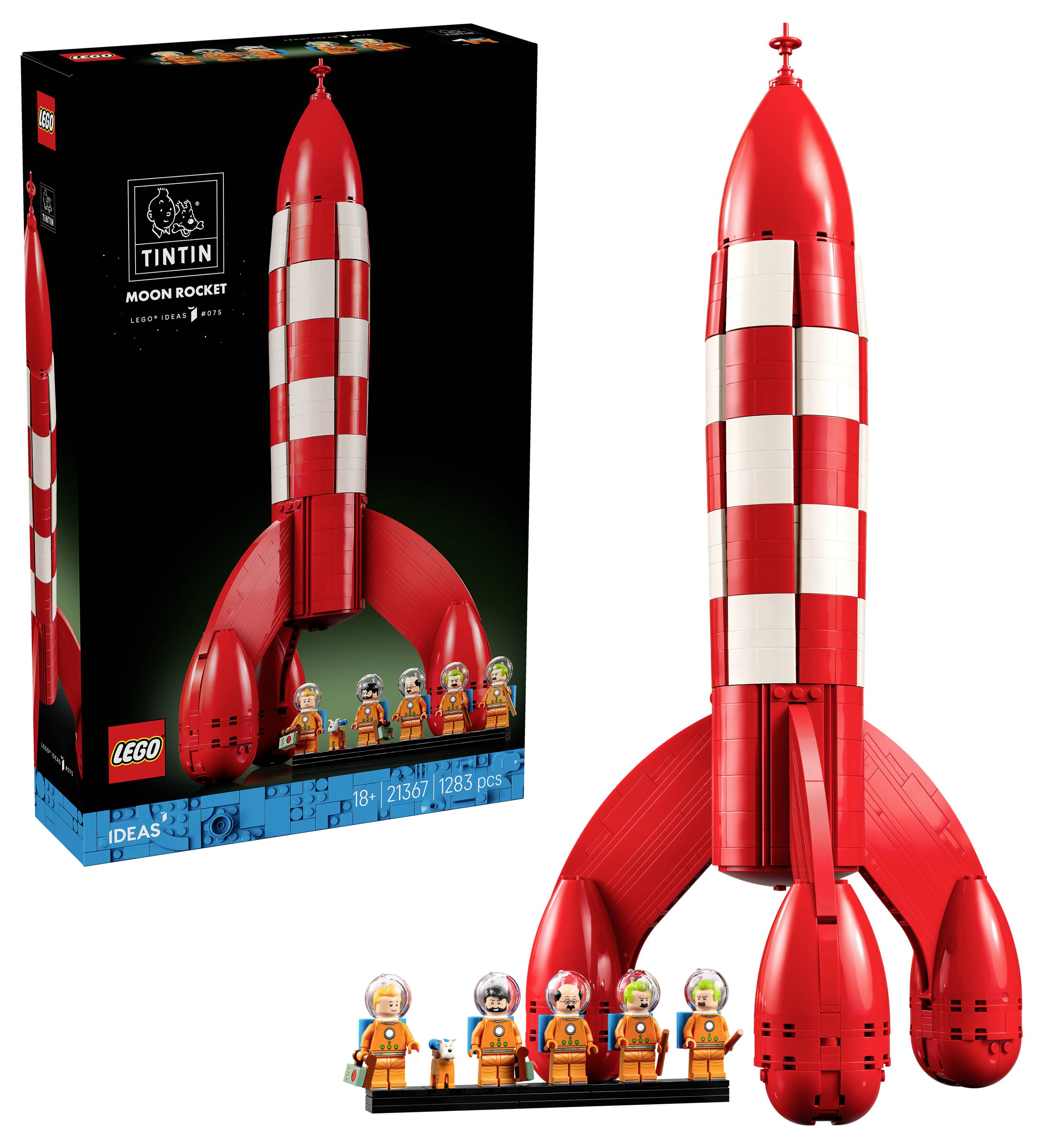 LEGO Tintin Mondrakete Set auf der Schachtel gezeigt und das gebaute Modell mit fünf Astronauten-Minifiguren auf einem Präsentationsständer.