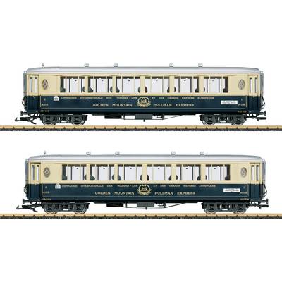 Zwei Seitenansicht-Vintage-Zugwagen mit der Beschriftung "Golden Mountain Pullman Express" auf weißem Hintergrund, einer über dem anderen.