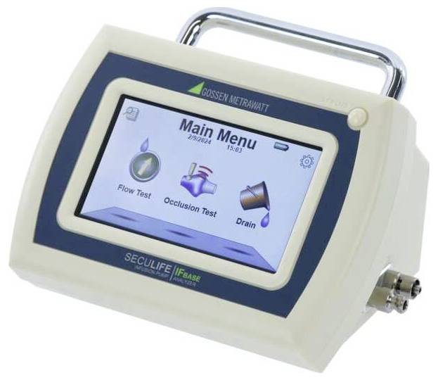 Tragbares medizinisches Gerät mit Touchscreen-Hauptmenü mit den Optionen Durchflusstest, Okklusionstest und Drainage.