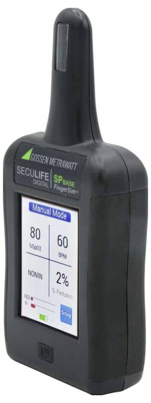 Tragbares medizinisches Überwachungsgerät mit Touchscreen, das 'Manueller Modus' und Vitalwerte anzeigt: 80, 60 BPM, 'NIBP' und 2% Abweichung.