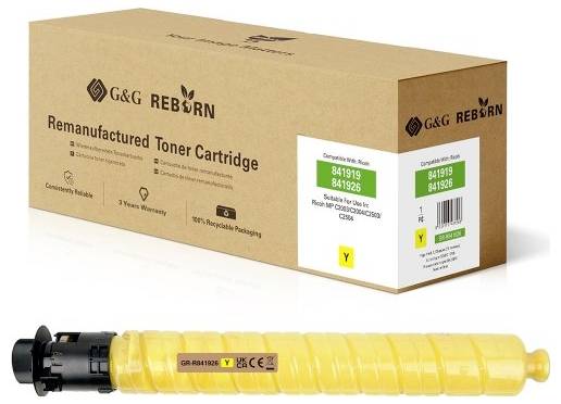 G&G REBORN nachgefertigte gelbe Tonerpatrone in Verpackung, gekennzeichnet als kompatibel mit HP 841919 und 841926.