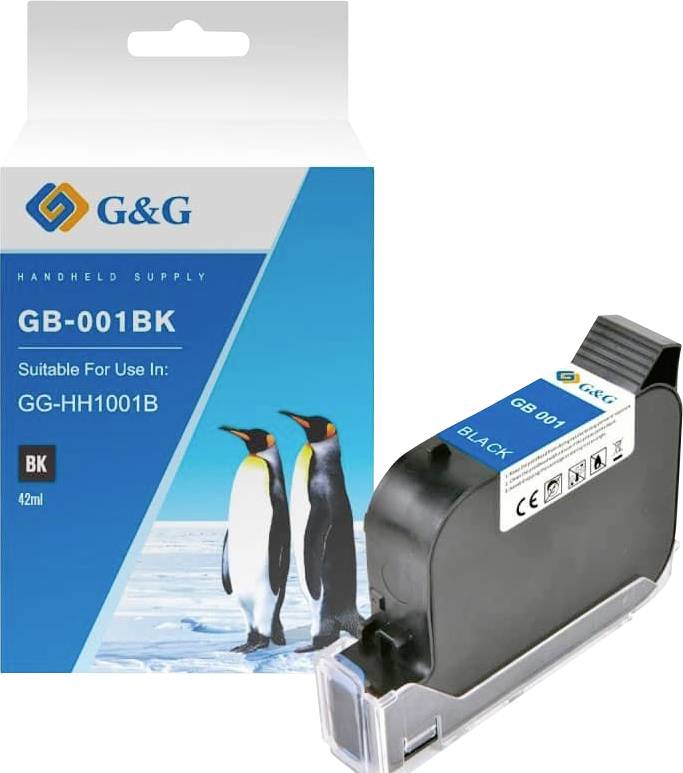 G&G schwarze Tintenpatrone GB-001BK in Verpackung, gekennzeichnet zur Verwendung mit GG-HH1001B und mit Pinguinen auf der Schachtel.