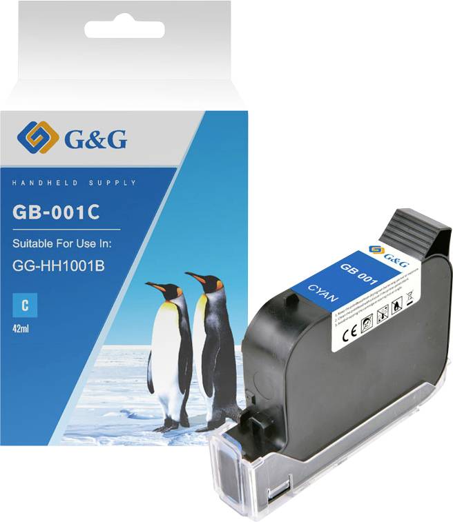 G&G GB-001C Cyan-Tintenpatrone in Einzelhandelsverpackung gezeigt, gekennzeichnet für die Verwendung in GG-HH1001B-Druckern.