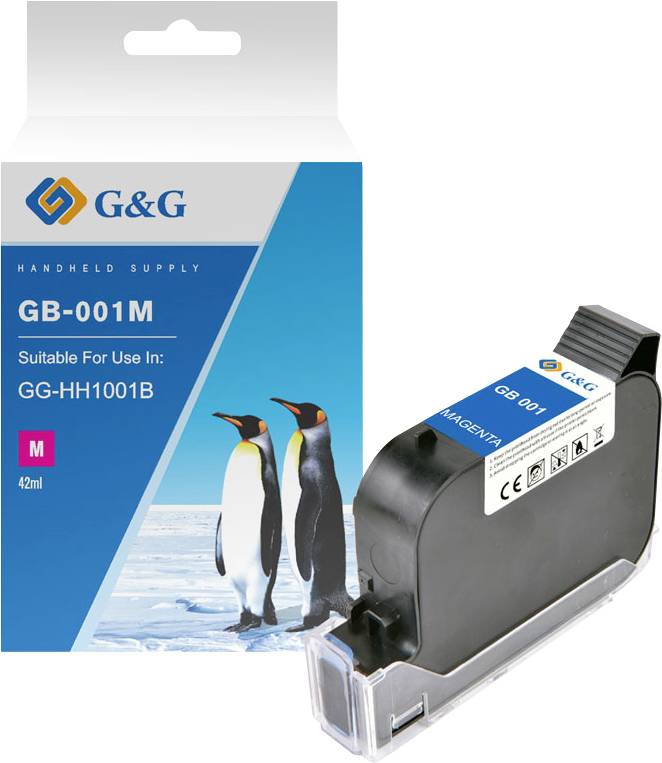G&G GB-001M tragbare Tintenpatrone im Paket, gezeigt mit einer schwarzen Patrone und transparenter Kappe; das Etikett zeigt, dass es für GG-HH1001B geeignet ist, Magenta, 42ml.