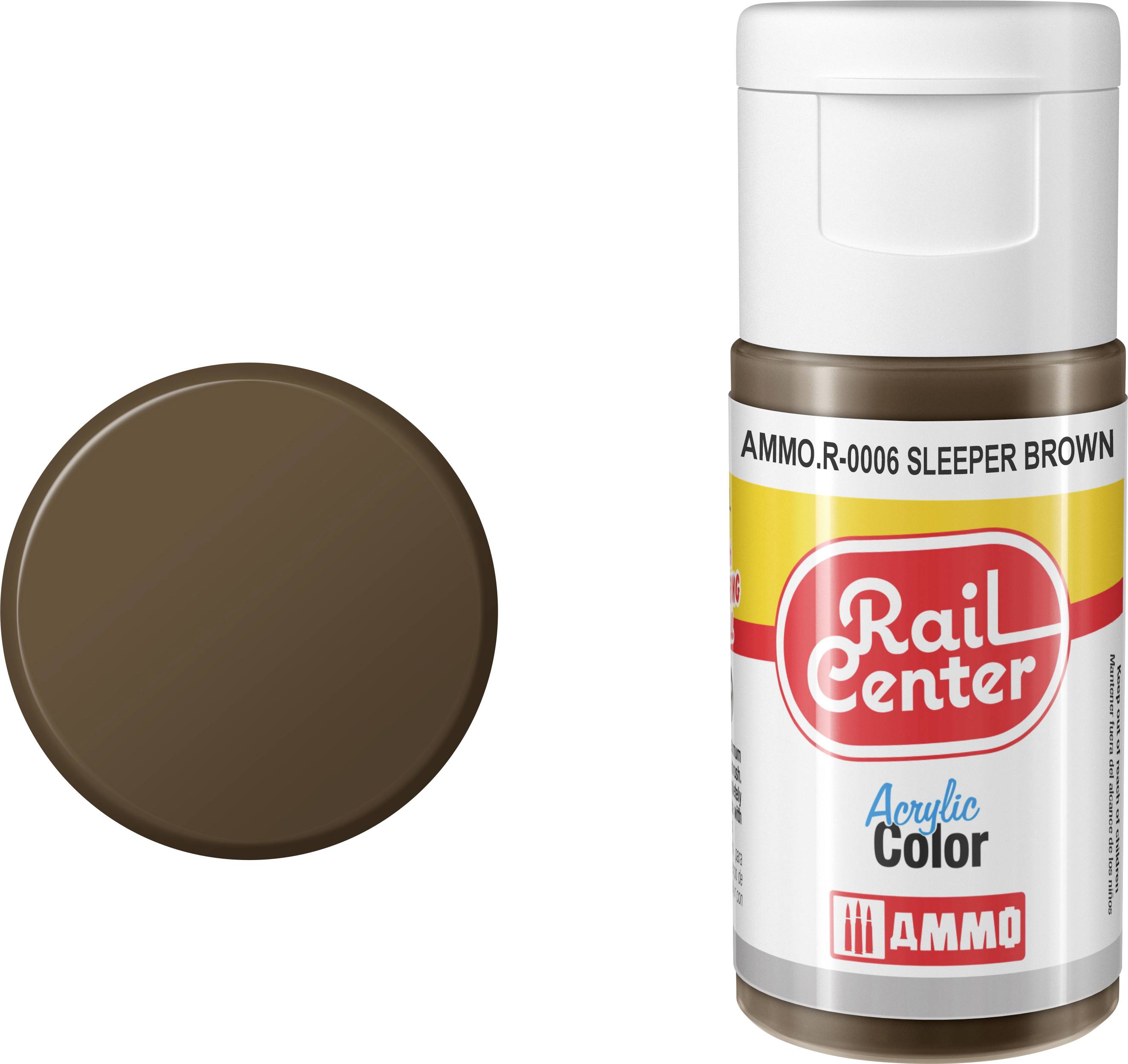 Brauner Farbmuster neben einer Flasche mit der Aufschrift "Rail Center Acrylic Color" und "AMMO-R-0006 Sleeper Brown".