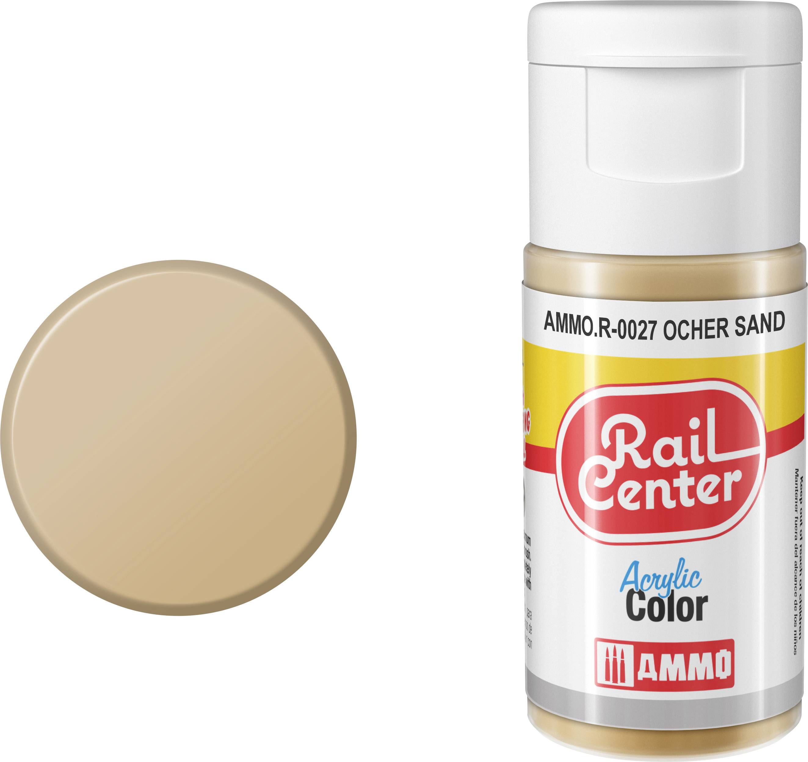 Flasche mit Rail Center Acrylfarbe mit der Aufschrift „AMMO.R-0027 OCHER SAND" neben einem beige Farbmuster.