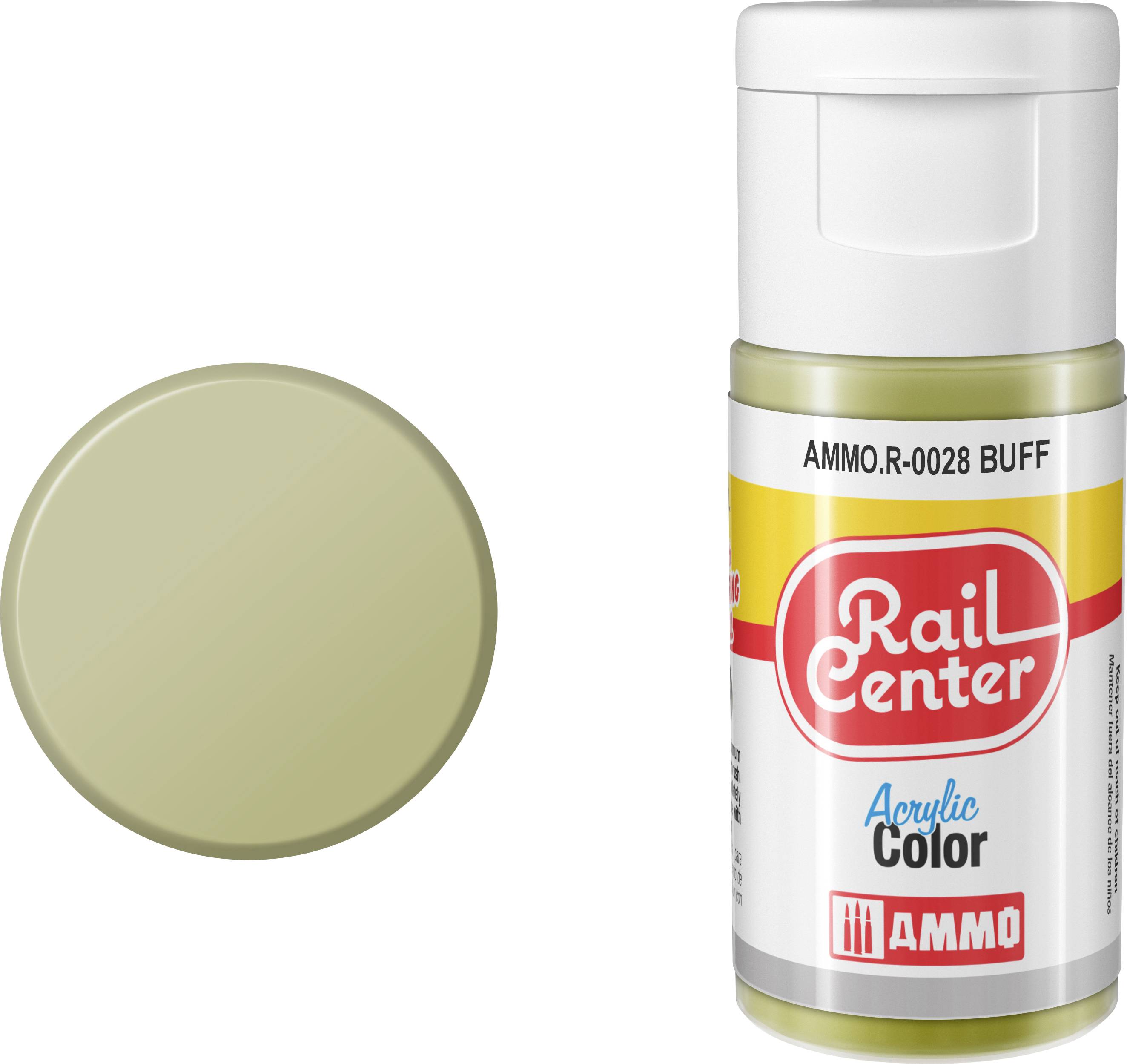 Buff-farbenes Farbmuster neben einer Flasche mit der Aufschrift „Rail Center Acrylic Color" und „AMMO R-0028 BUFF".