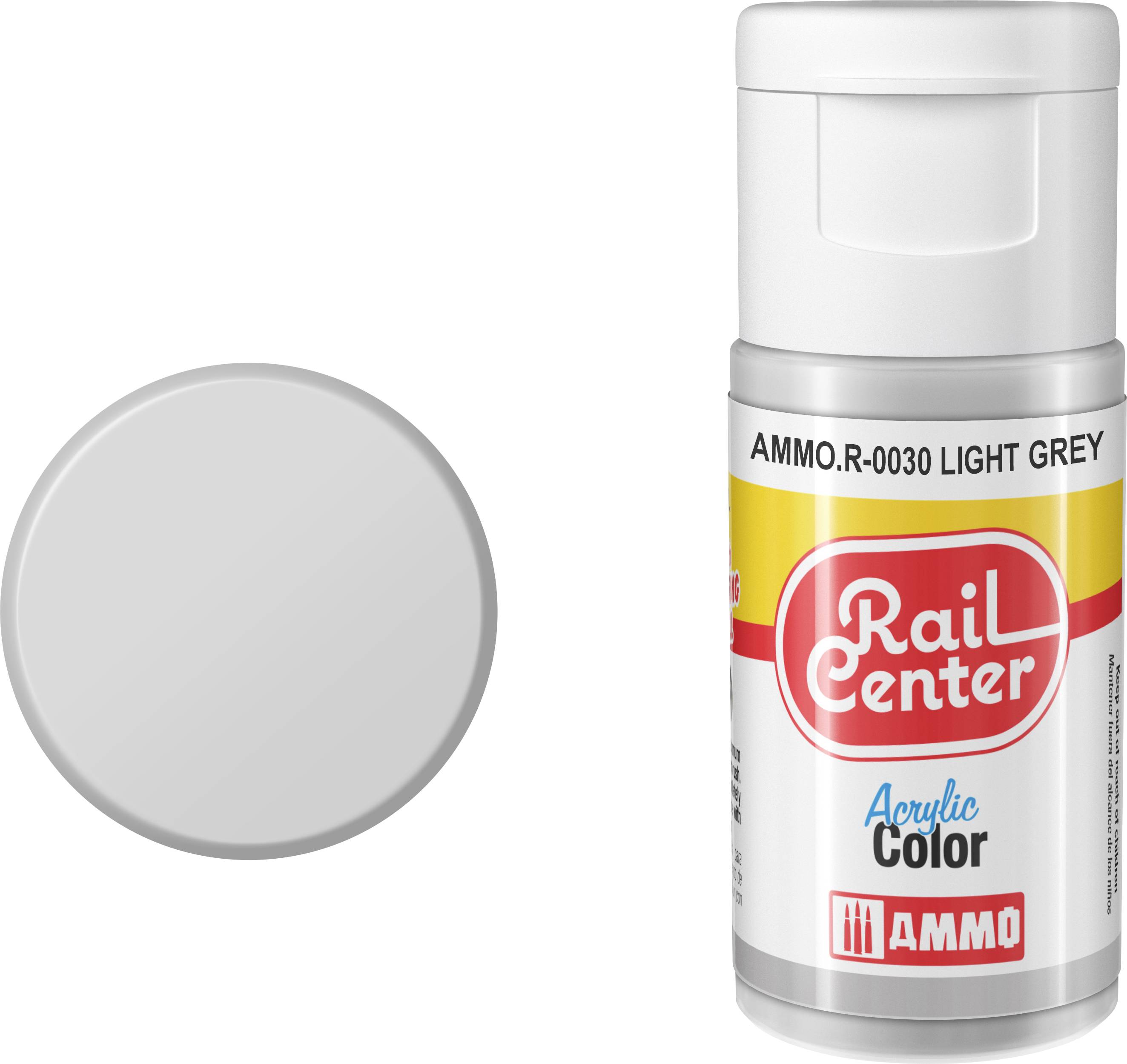 Hellgraue Farbmuster neben einer AMMO Rail Center Acrylfarb-Flasche mit der Bezeichnung „AMMO.R-0030 LIGHT GREY".