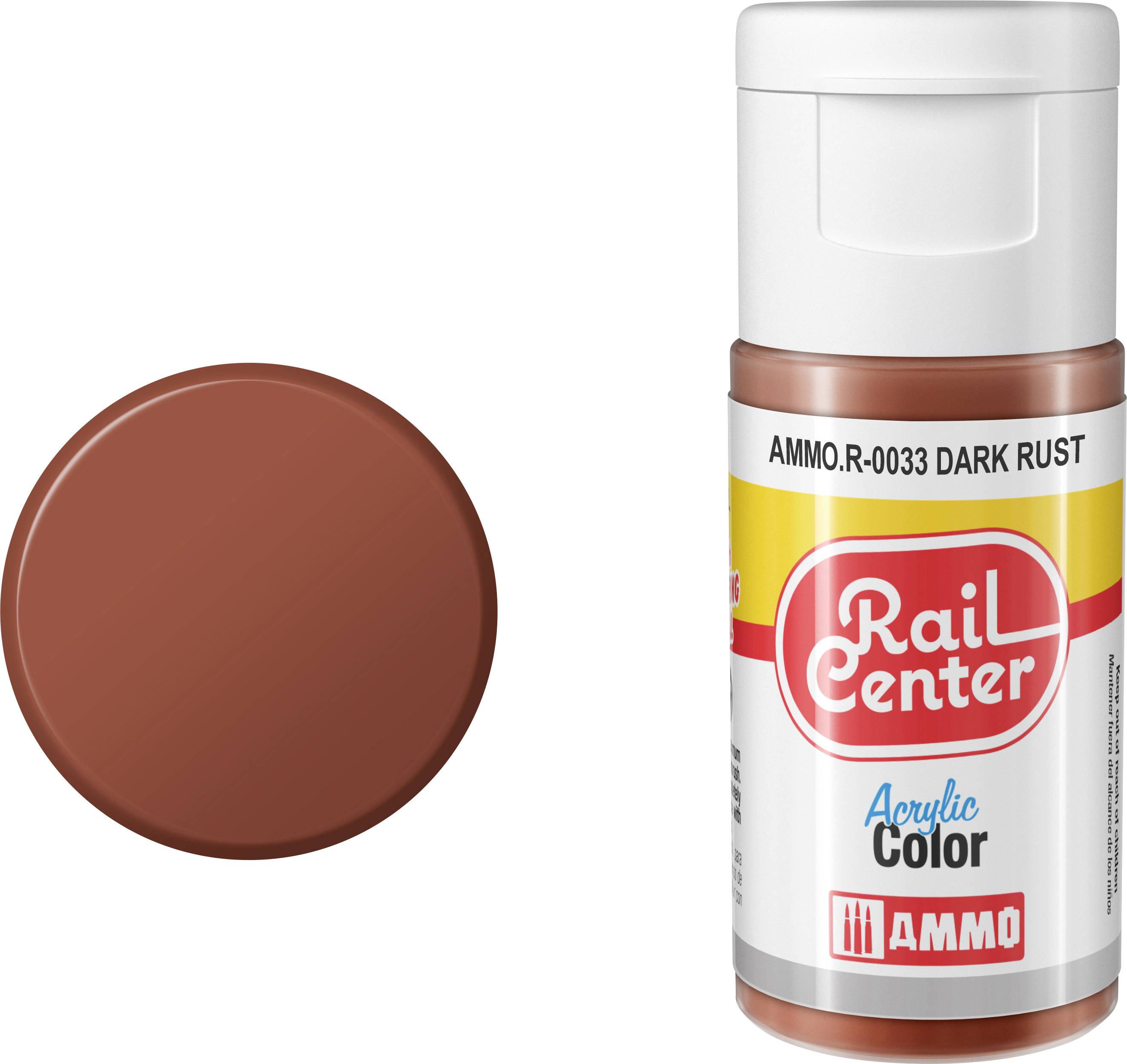 Dunkelrostige Acrylfarbe, dargestellt als braun-rotes Farbmuster neben einer Flasche mit der Bezeichnung Rail Center Acrylic Color, AMMO.R-0033 Dark Rust.