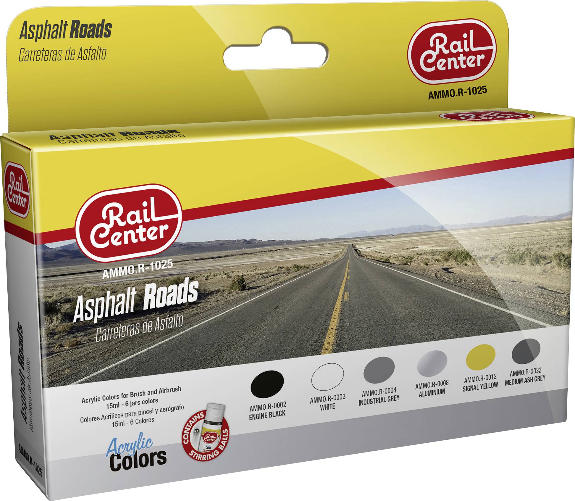 Rail Center Acrylfarben-Modellmalset für Asphaltstraßen, mit einer Autobahnabbildung auf der Schachtel und gekennzeichnet mit AMMO-R-1025.