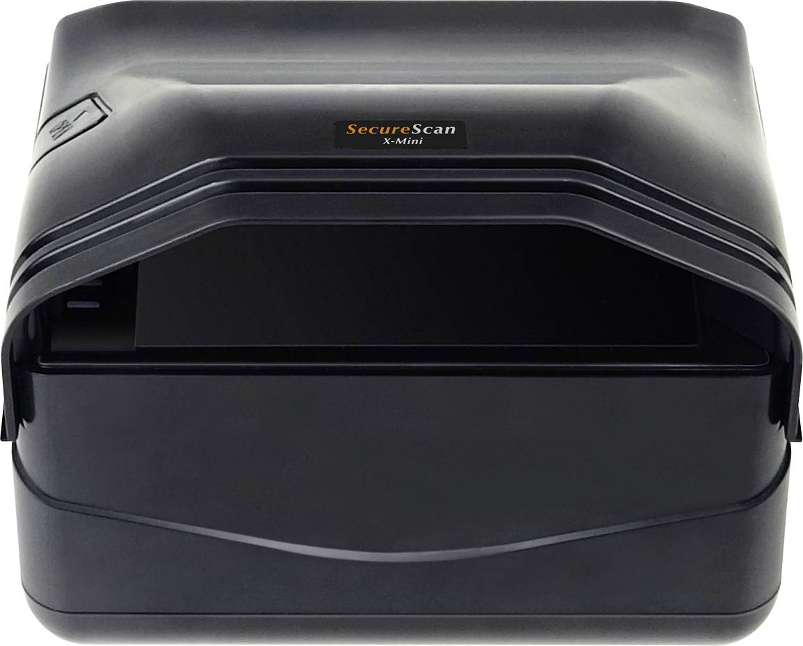 Schwarzer Desktop-Dokumentenscanner mit "SecureScan"-Logo auf weißem Hintergrund, geschlossen von vorne gezeigt.