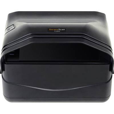 Schwarzer Desktop-Dokumentenscanner mit "SecureScan"-Logo auf weißem Hintergrund, geschlossen von vorne gezeigt.