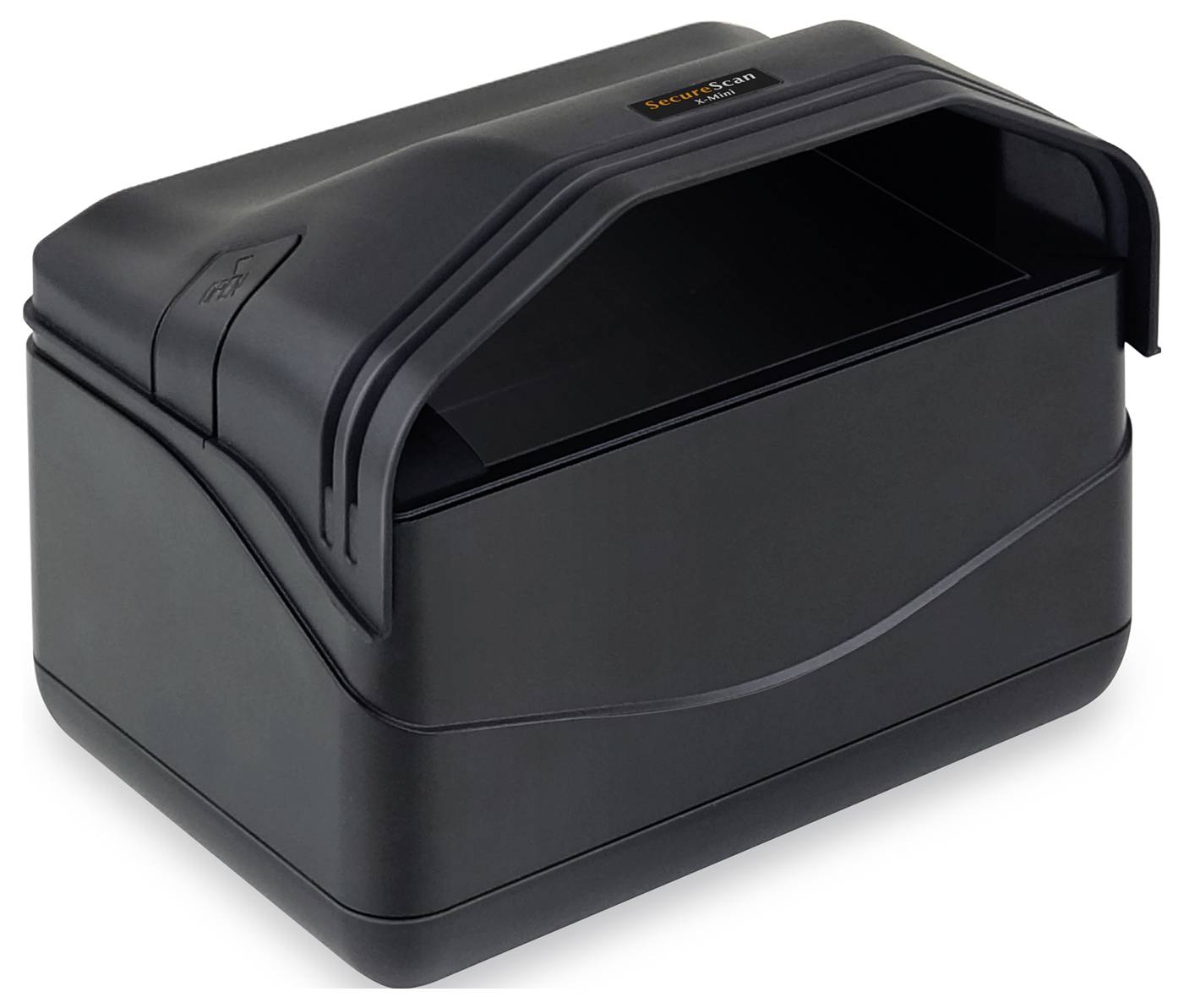 Schwarze Kunststoff-Außenlagerungsbox mit gewölbtem Deckel und vorderer Öffnungsklappe, auf weißem Hintergrund dargestellt.