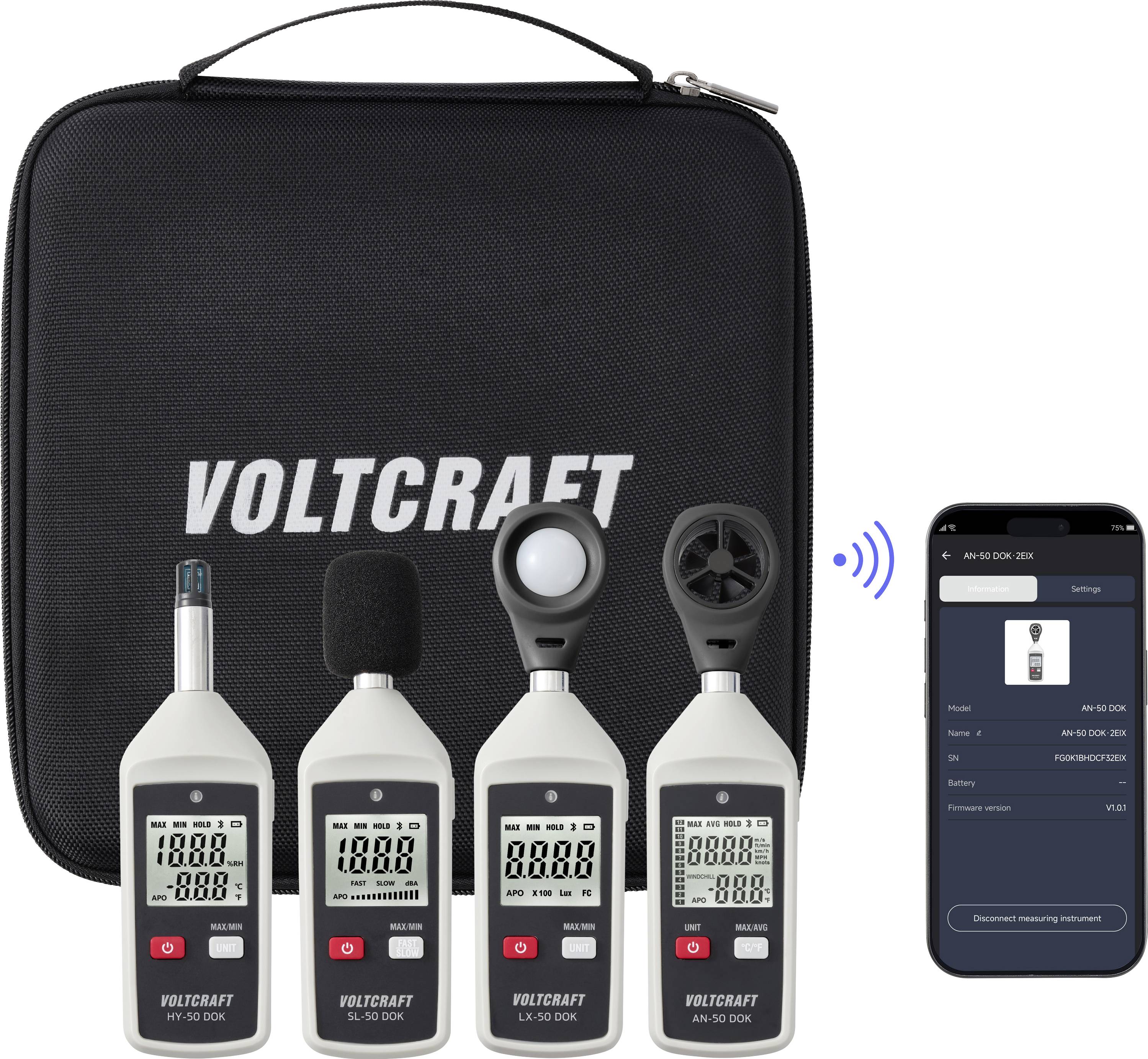 Vier VOLTCRAFT-Schallpegelmesser in einem Transportkoffer, die sich drahtlos mit einer Smartphone-App verbinden.