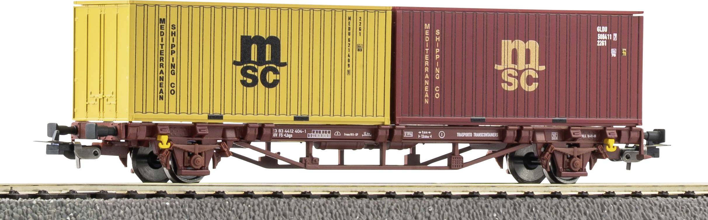 Zwei Güterwagen auf Gleisen: ein gelber MSC-Container und ein roter MSC-Container, die auf einem braunen Eisenbahn-Flachwagen montiert sind.