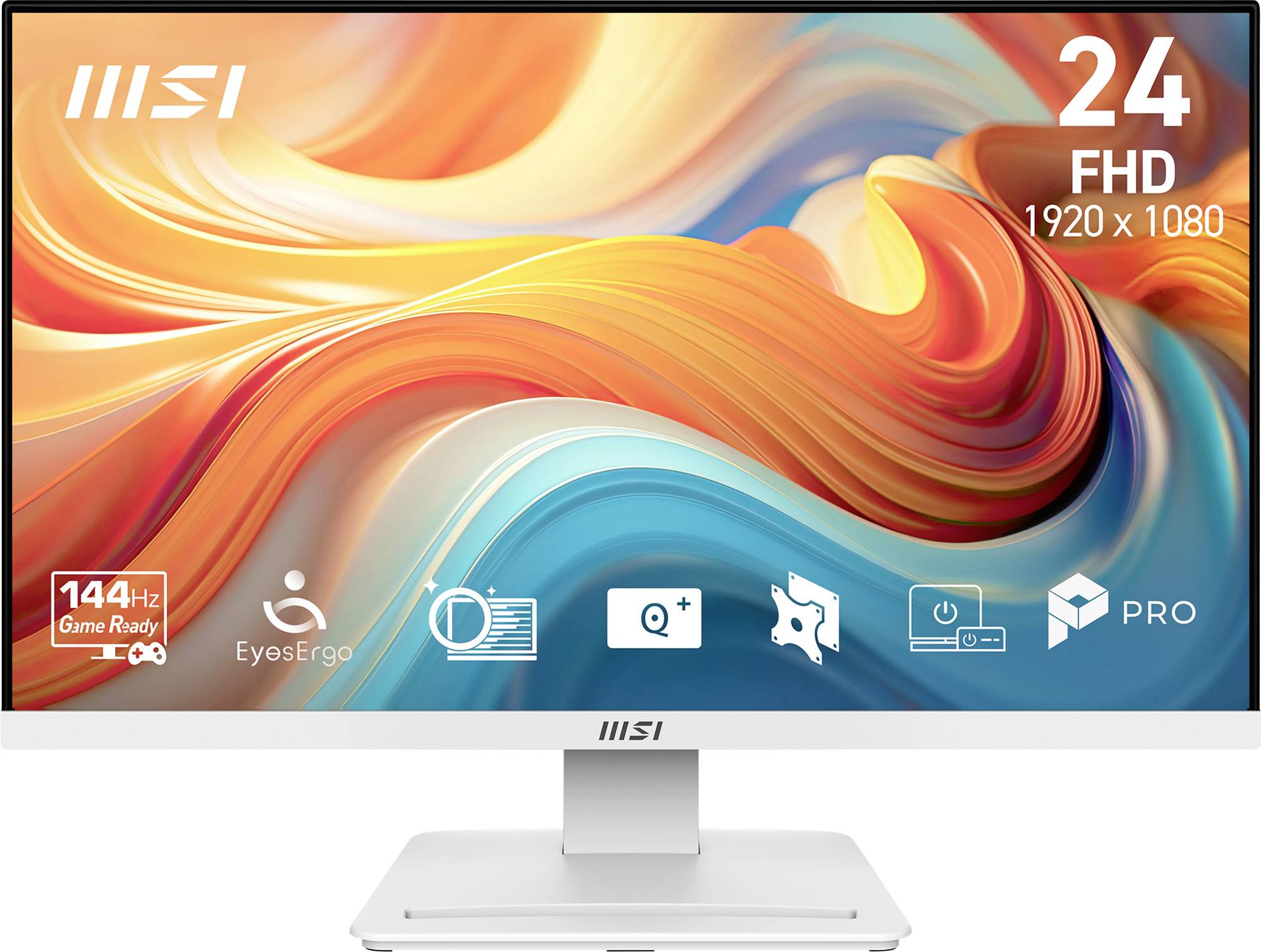 MSI 24-Zoll-FHD-Monitor mit farbenfrohem abstraktem Display, zeigt 144Hz, EyesErgo und PRO-Funktionssymbole.