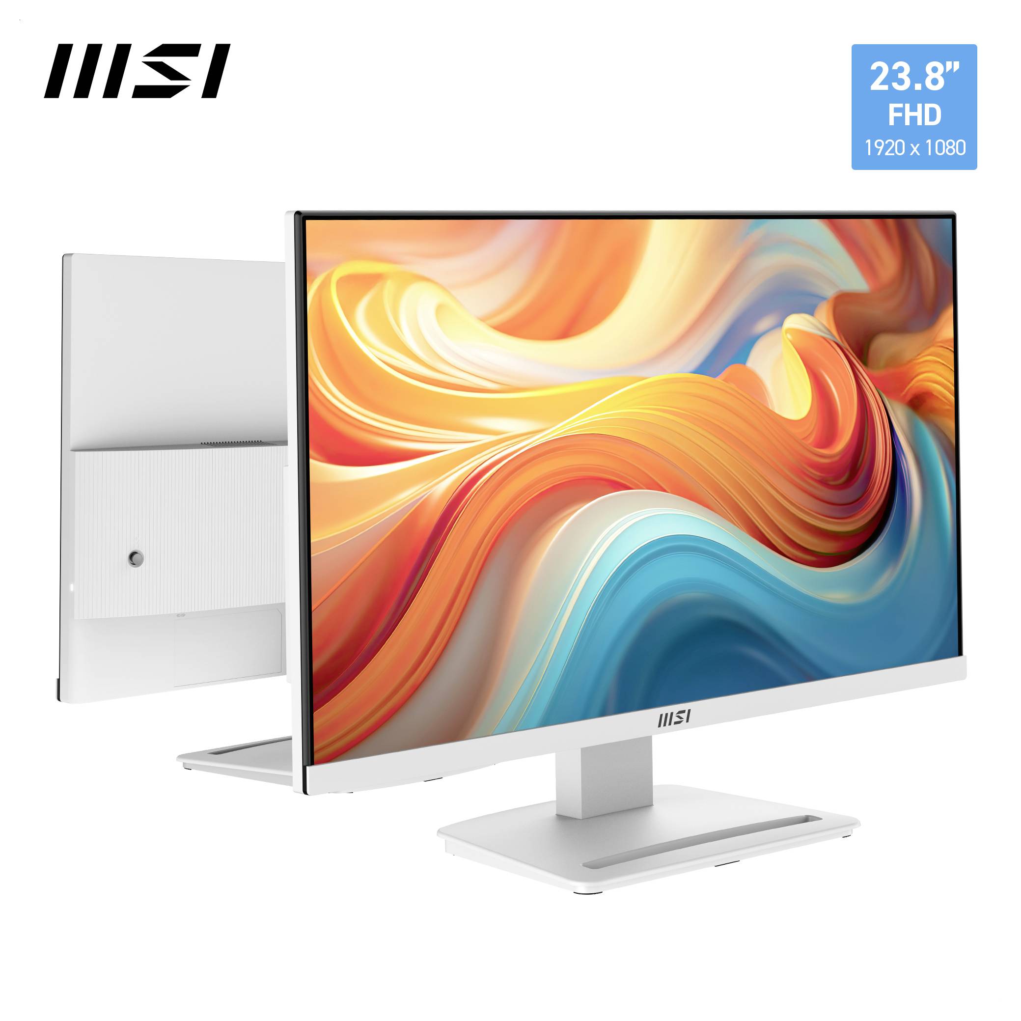 MSI 23,8-Zoll-FHD-Monitor in Weiß, von vorne und hinten gezeigt mit farbenfroher abstrakter Anzeige und 1920 x 1080-Auflösungsabzeichen.