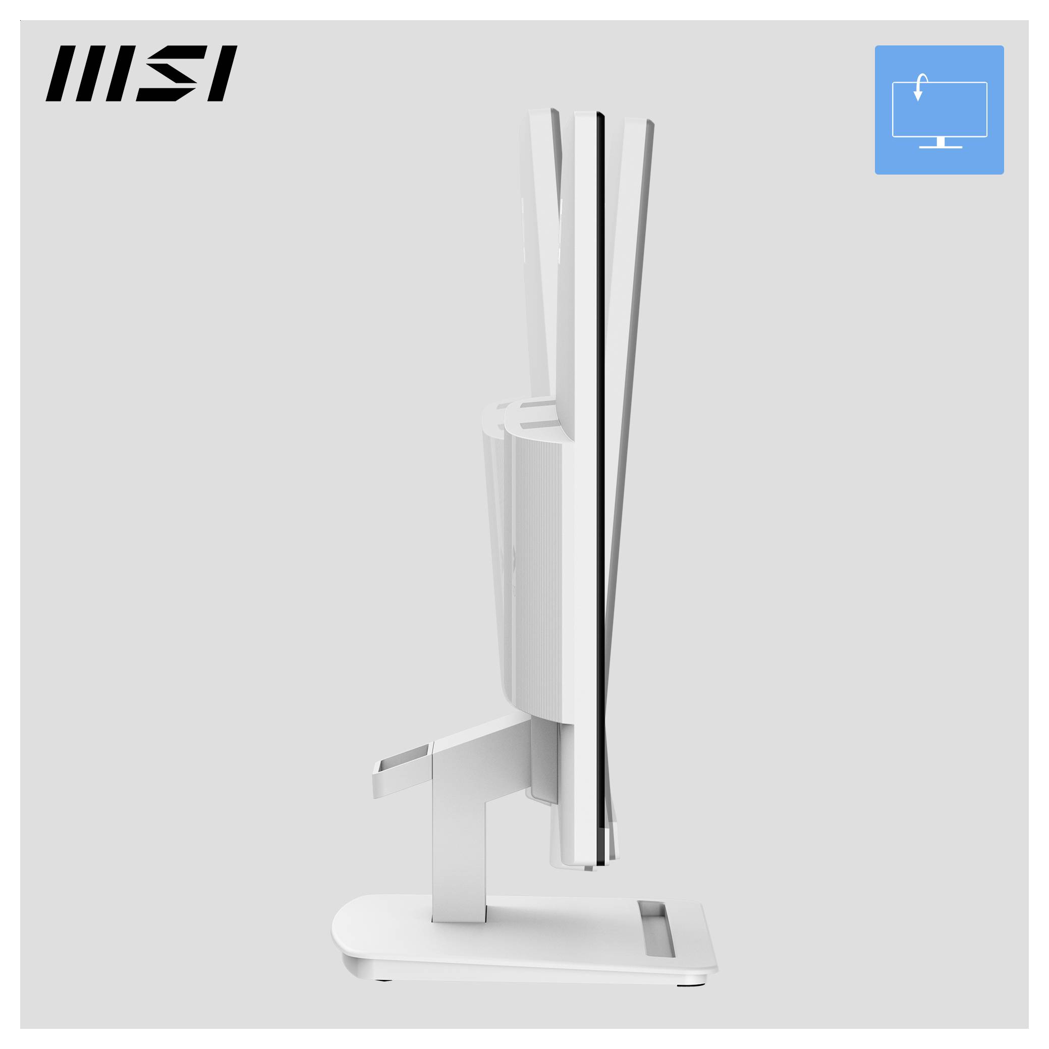 Seitenansicht eines eleganten weißen MSI-Monitors auf einem passenden Ständer vor einem hellgrauem Hintergrund.
