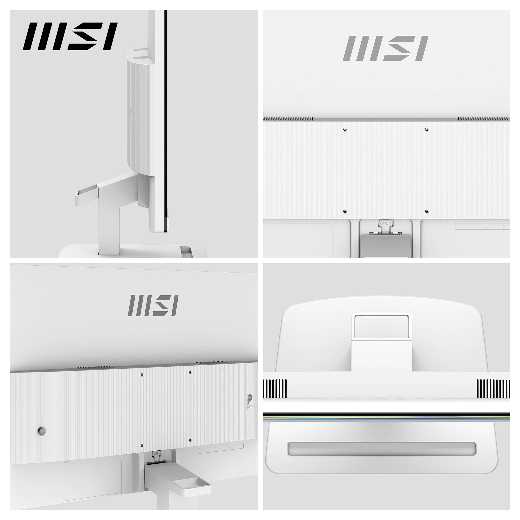 Vier Ansichten eines MSI All-in-One-Desktop-Monitors in Weiß, die die Rückseite, den Seitenständer, die Anschlüsse und den belüfteten unteren Bereich zeigen.