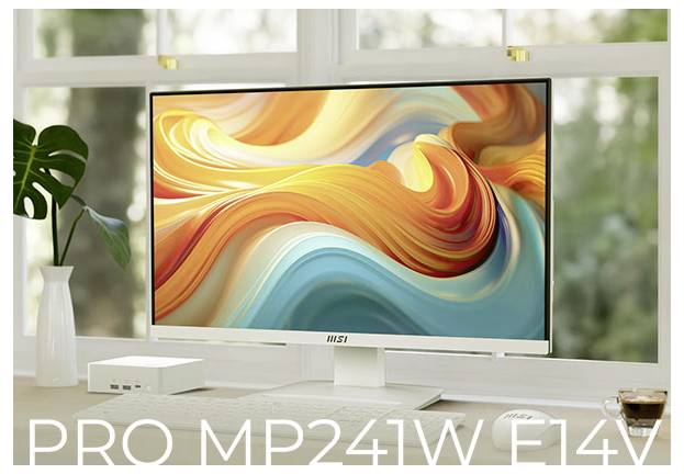 Weißer MSI-Monitor auf einem Schreibtisch, der abstrakte orange und blaue Wellen anzeigt, mit dem Produktnamen „PRO MP241W E14" unten überlagert.