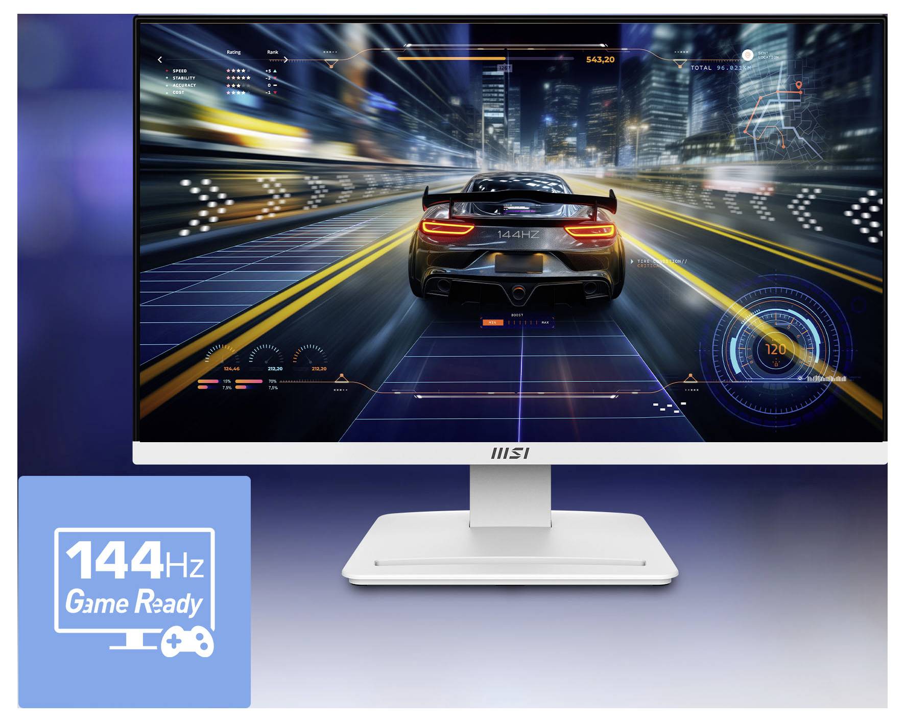 MSI-Monitor zeigt ein Rennwagen-Spiel an, mit einem „144Hz Game Ready"-Badge, das sanfte High-Refresh-Gameplay hervorhebt.