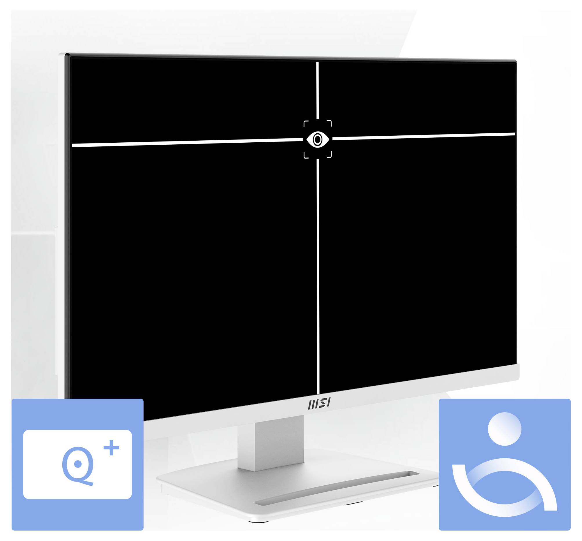 Ein Desktopmonitor mit einem zentrierten Auge und Fadenkreuz auf einem schwarzen Bildschirm, was auf Displaykalibrierung oder einen Datenschutz-/Sichtbarkeitsmodus hindeutet.