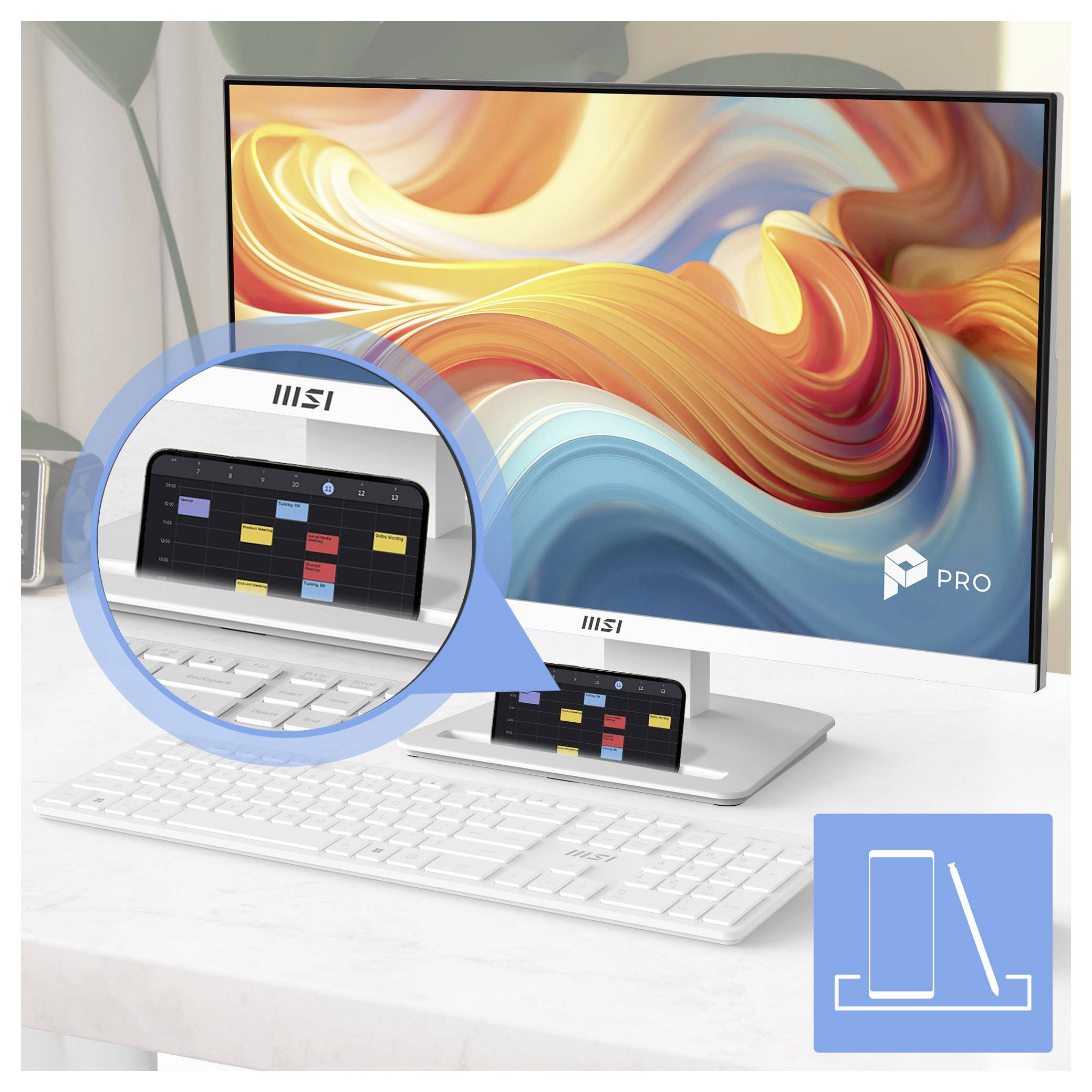 Allround-Desktop-Monitor mit integriertem Smart-Screen über der Tastatur, auf dem eine Kalender-App angezeigt wird; „PRO"-Logo auf dem Display.