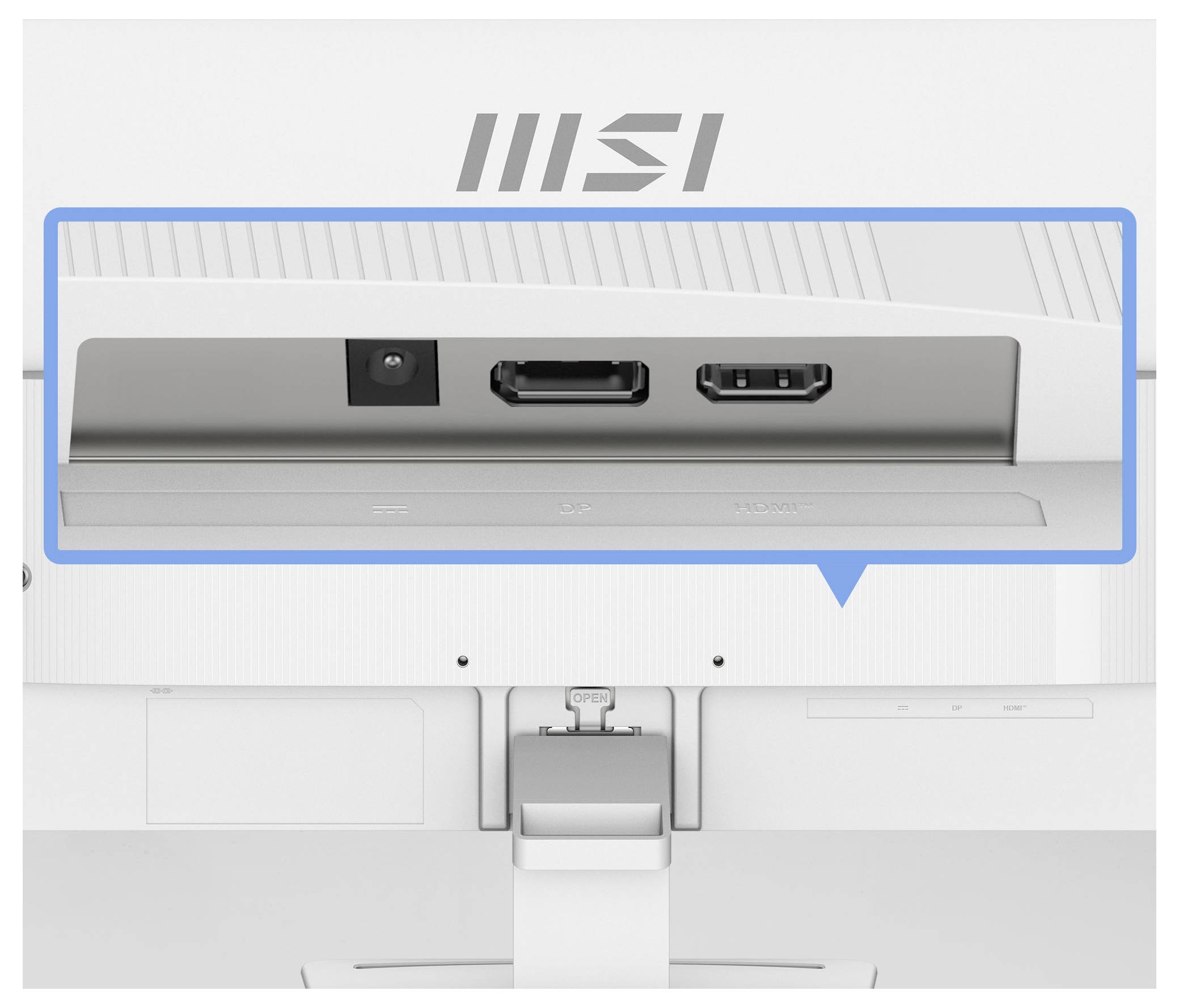 Rückansicht des MSI-Monitors mit vergrößerter Darstellung der Anschlüsse: Stromstecker, HDMI-Anschluss und USB-C-Anschluss.