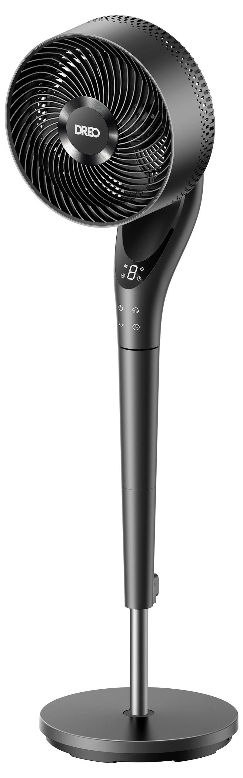 Schwarzer Dreo Standventilator mit rundem Sockel, schlankem Ständer und digitaler Anzeige am Hals, in Vorderansicht auf weißem Hintergrund dargestellt.