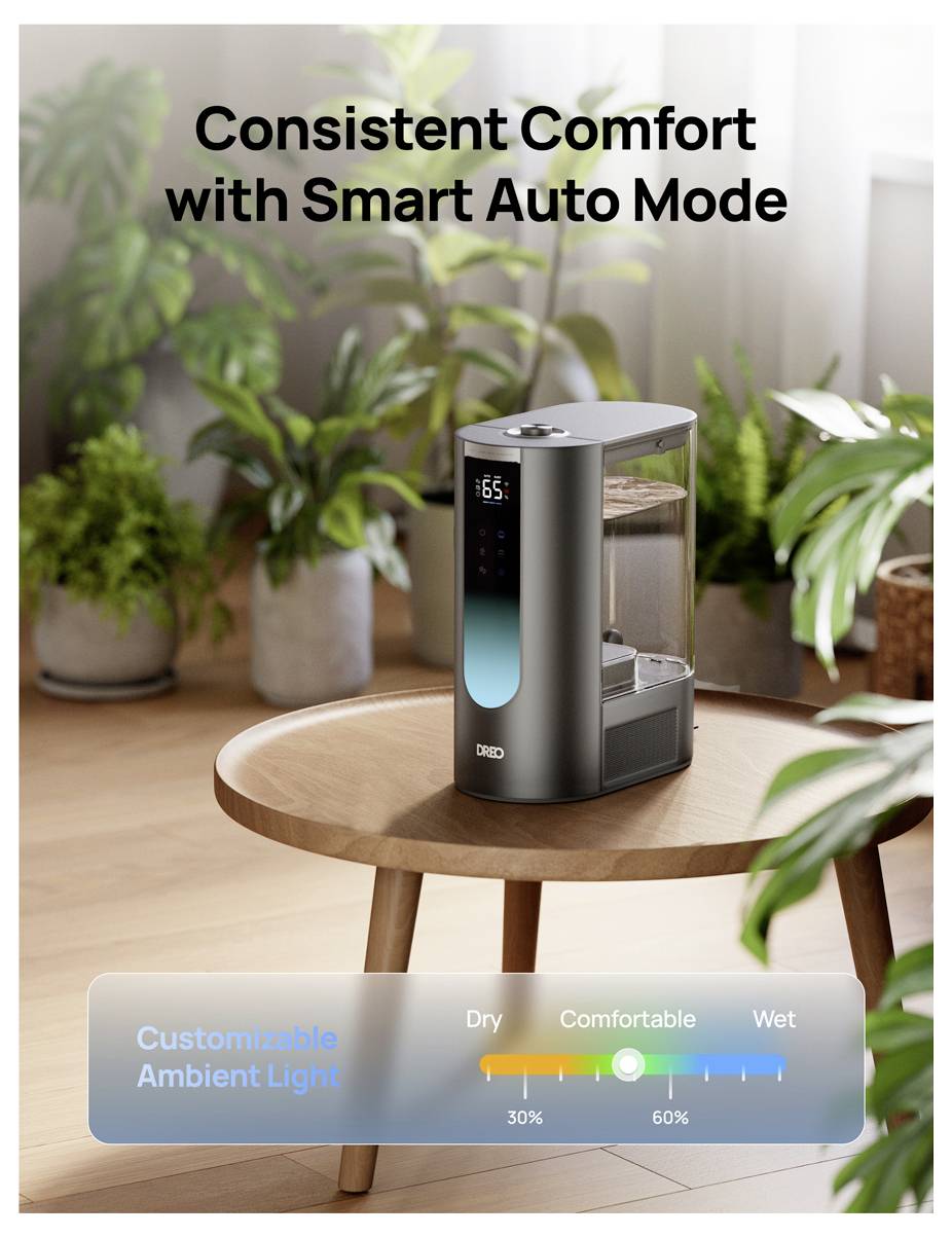 Intelligenter Luftbefeuchter auf einem Tisch in einem pflanzenreichen Raum, mit dem Text „Konstanter Komfort mit intelligenter Automatik" und einem benutzerdefinierbaren Umgebungslicht-Feuchtigkeitsindikator.