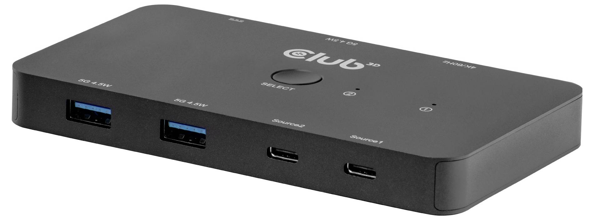 Schwarze USB-Dockingstation mit vier USB-Anschlüssen auf der Vorderseite, Stromschalter und Statusleuchten, in einer Schrägansicht auf weißem Hintergrund dargestellt.