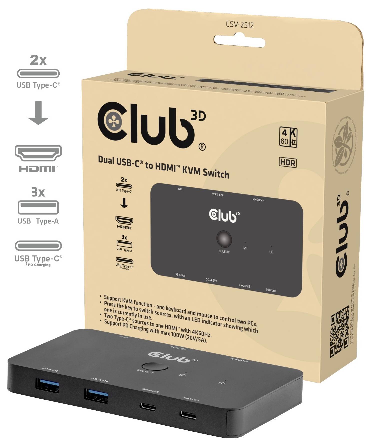 Box und KVM-Schalter für „Club 3D" Dual USB-C zu HDMI KVM-Schalter, mit 4K 60Hz und HDR-Unterstützung sowie USB-C- und USB-A-Anschlusskompatibilität.