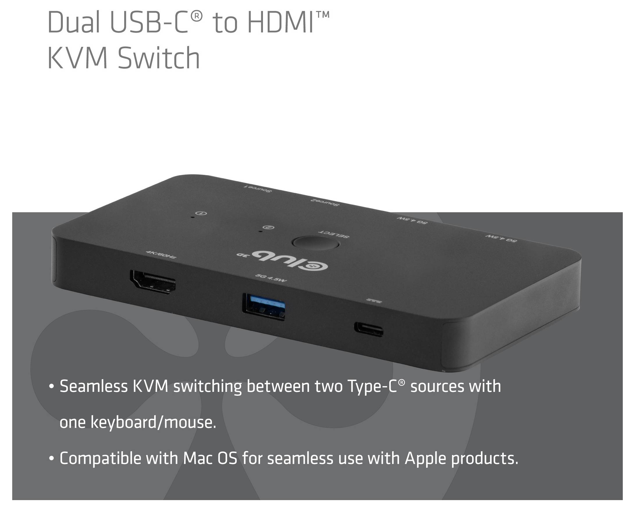 Produktabbildung eines schwarzen Dual USB-C zu HDMI KVM-Umschalters, der die vorderen Anschlüsse zeigt und Text hervorhebt, das nahtloses Umschalten zwischen zwei Type-C-Quellen mit einer Tastatur/Maus und Mac OS-Kompatibilität ermöglicht.