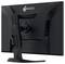 Rückansicht eines schwarzen EIZO-Computermonitors auf einem Ständer, der die verstellbare Halterung, die Belüftung und die seitlichen Anschlüsse einschließlich eines blauen USB-Anschlusses zeigt.