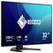 EIZO 32-Zoll 4K UHD-Monitor mit USB-C-Dockingstation und LAN-Anschluss, auf einem Ständer vor blauem Bildschirmhintergrund dargestellt.