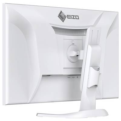 Rückseite eines weißen EIZO-Monitors auf einem Ständer, zeigt die hintere Halterung und den Kabelbereich.