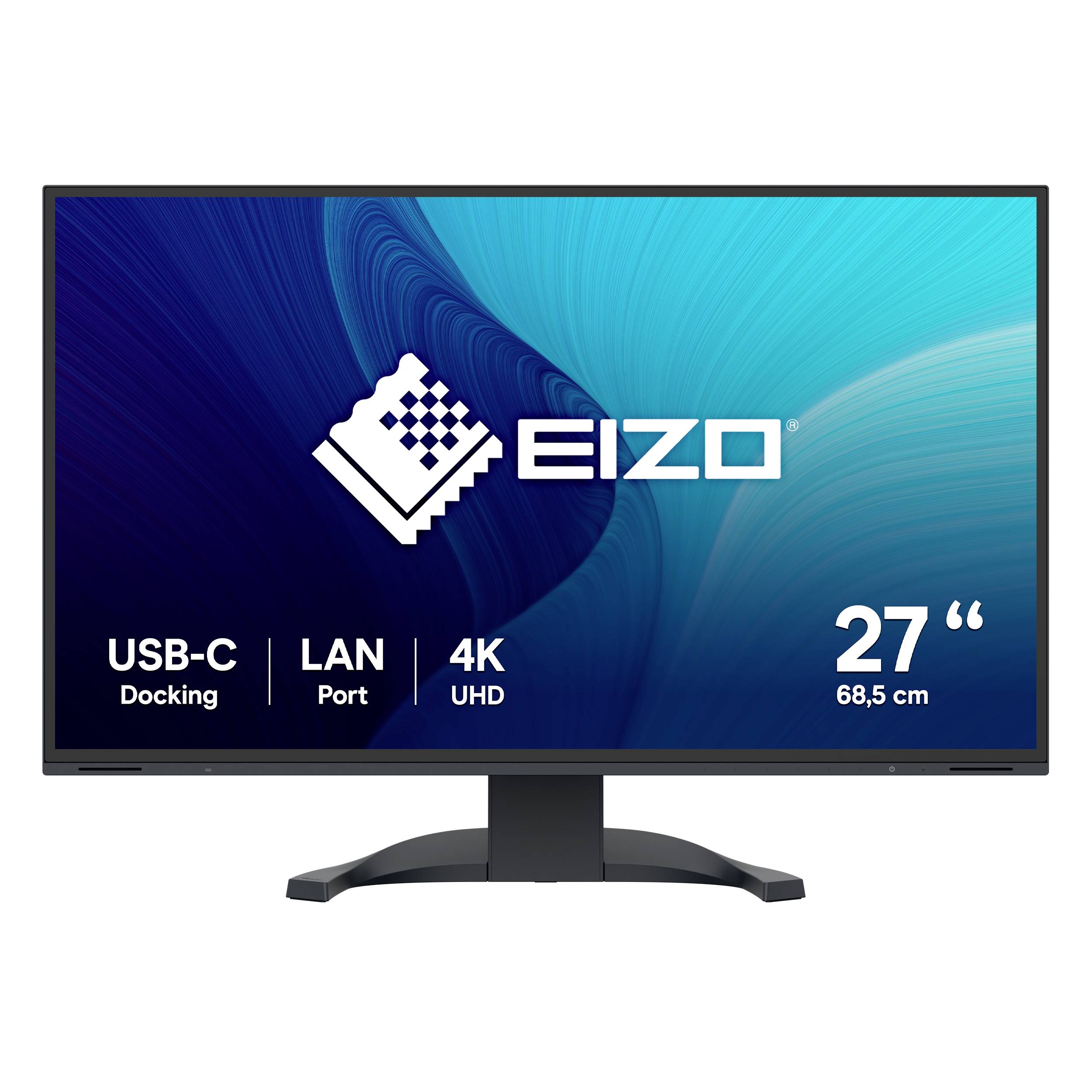 EIZO 27-Zoll 4K UHD-Monitor mit USB-C-Docking und LAN-Anschluss, Vorderansicht auf einem Ständer dargestellt.