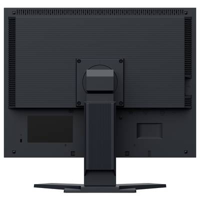 Rückansicht eines schwarzen Computermonitors mit zentriertem Ständer und belüftetem Rückfeld auf weißem Hintergrund.