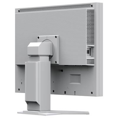 Rückansicht eines silbernen Desktop-Monitors auf einem verstellbaren Ständer, der die VESA-Halterung und Kabelanschlüsse zeigt.