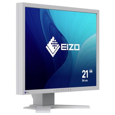 EIZO 21-Zoll-Flachbildschirm mit silbernem Rahmen und Standfuß, in Schrägansicht gezeigt mit Markenlogo auf dem Bildschirm.