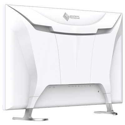 Weißer EIZO-Computermonitor von hinten auf einem Ständer gezeigt, mit schlankem, gebogenem Design und sichtbarem Markenlogo.
