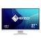 EIZO 27-Zoll-Monitor-Anzeige mit „USB-C Docking" und einem 68,5 cm großen Display auf einem Ständer mit blauem abstraktem Hintergrund.