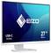 EIZO 27-Zoll-Monitor mit der Aufschrift "USB-C Docking" auf einem blauen Bildschirm, gezeigt auf einem weißen Ständer