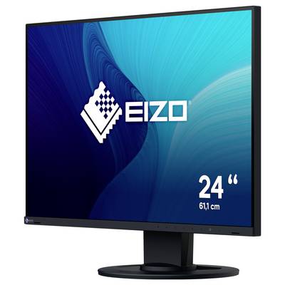 EIZO-Desktopmonitor in Schrägansicht, gekennzeichnet mit 24" (61,1 cm), mit blauem Bildschirm und Standfuß.