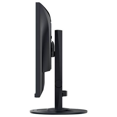 Seitenansicht eines schwarzen Computermonitors auf einem runden Ständer, das sein schlankes Profil und die verstellbare Halterung zeigt.