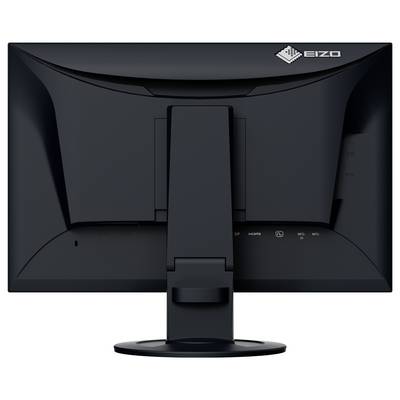 Rückansicht eines schwarzen EIZO-Computermonitors auf einem Ständer, die das Rückschild und die Kabelanschlüsse auf weißem Hintergrund zeigt.